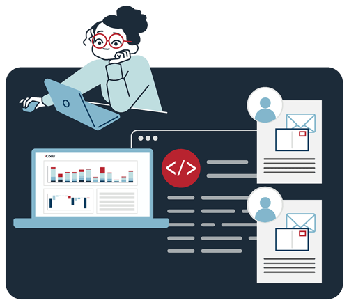 Illustration of a woman on a laptop sitting on top of a layout showing a general way of how coda works.