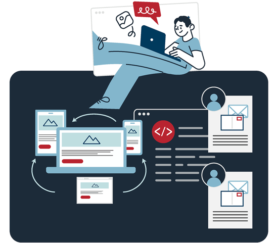Illustration of a man on a laptop sitting on top of a layout showing a general way of how coda works.