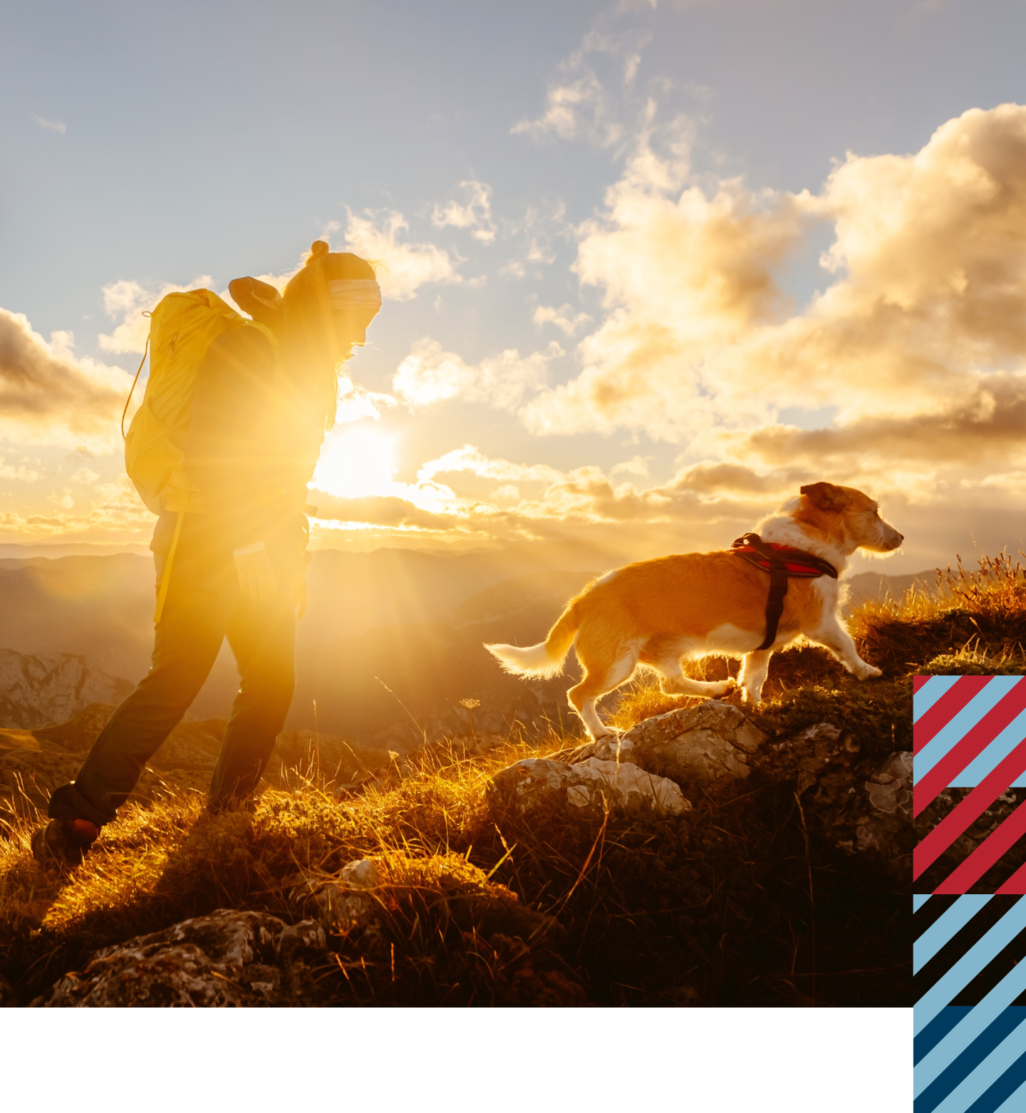 Woman walking up a mountain with a dog during sunrise.
